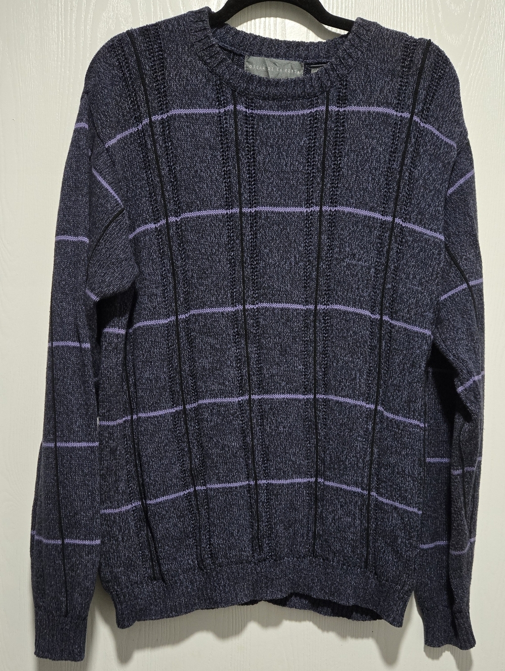Oscar De La Renta Vintage Men Navy Blue Striped Crewneck Sweater Size Large